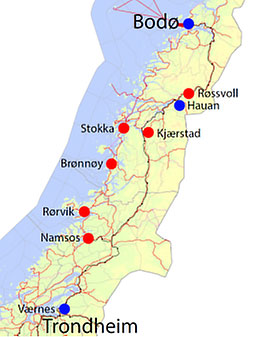 Figur 1: Flyplasstrukturen mellom Trondheim og Bodø, der den planlagte lufthavnen Hauan er tegnet inn.