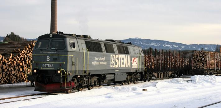 Diesellokomotiv skal erstattes med el-lokomotiv i tømmertransporten fra denne terminalen på Follum. Foto: Viken Skog