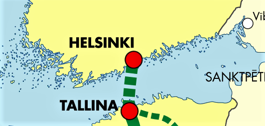 Den påtenkte jernbanetunnelen under Finskebukten kan bli verdens lengste. Utsnitt av kart fra Latvias transportdepartement.