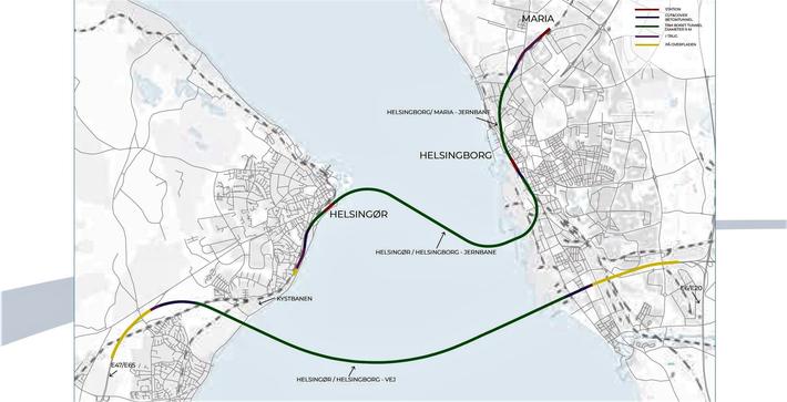 Vei og jernbane Helsingborg-Helsingør. Slik ser utrederne tunnelløpene for jernbane (øverst) og motorvei. Illustrasjon fra den nye utredningen.  