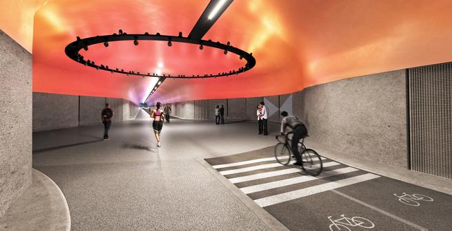 Gang- og sykkeltunnel i Bergen. En 2,9 kilometer tunnel med farget LED-lys, behagelig miljø, og videoovervåkning. Illustrasjon: Bybanen utvikling
